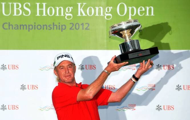 Nov 18, 2012; Hong Kong, CHINA; Miguel Angel Jimenez of Spain became the oldest European Tour winner on Sunday by achieving a 5-under 65 to capture his third Hong Kong Open title at The Hong Kong Golf Club. Hong Kong Open Day 4  - ZUMAs11