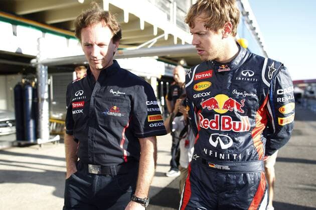 Motorsports: FIA Formula One World Championship 2012, Grand Prix of Brazil, Christian Horner (GBR, Teamchef Red Bull Racing), 1 Sebastian Vettel (GER, Red Bull Racing), xHOCHxZWEIx