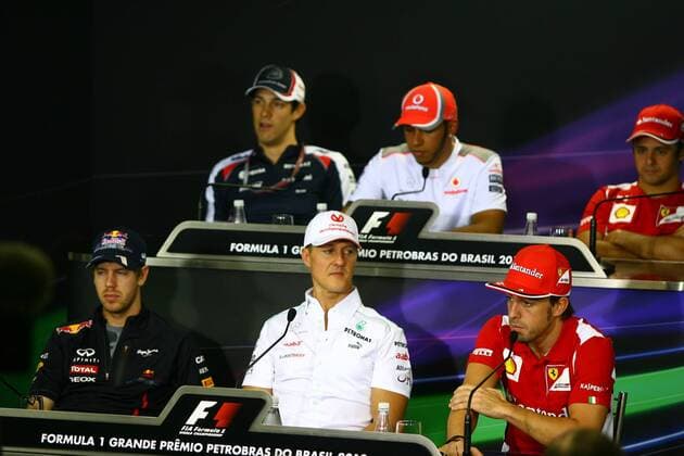 22.11.2012- Press conference, Sebastian Vettel (GER) Red Bull Racing RB8, Michael Schumacher (GER) Mercedes AMG F1 W03 and Fernando Alonso (ESP) Scuderia Ferrari F2012 Brazilian Grand Prix, Sao Paulo 22-25 November 2012 