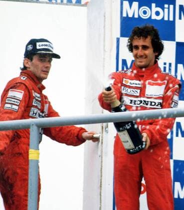 Sieger Ayrton Senna (li.) und Alain Prost (beide McLaren Honda) - Siegerehrung GP von Deutschland 1989