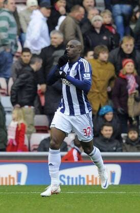 West Brom s Marc-Antoine Fortune celebrates scoring their fourth goal - Barclays Premier League - AFC Sunderland vs West Bromwich Albion - Stadium of Light - AFC Sunderland - 24 11 12 EDITORIAL USE ONLY. No use with unauthorised audio, video, data, fixture lists, club league logos or live services. Online in-match use limited to 120 images, no video emulation. No use in betting, games or single club league player publications.