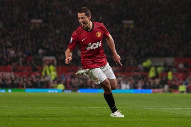 Football - 2012 2013 Premier League - Manchester United vs. (QPR) Queens Park Rangers (QPR) Javier Chicharito Hernandez of Manchester United celebrates scoring his sides third goal at Old Trafford 