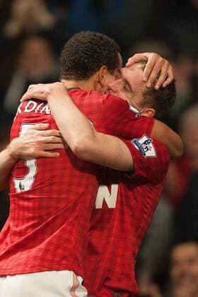 Football - 2012 2013 Premier League - Manchester United vs. (QPR) Queens Park Rangers (QPR) Rio Ferdinand of Manchester United celebrates with Darren Fletcher at Old Trafford 