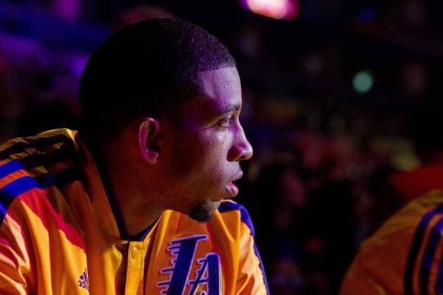 20 November 2012: Guard (1) Darius Morris of the Los Angeles Lakers sits on the bench during player introductions before the Lakers 95-90 victory over the Brooklyn Nets at the STAPLES Center in Los Angeles, CA. NBA Basketball Herren USA NOV 20 Nets at Lakers Icon181121120002 EDITORIAL USE ONLY
