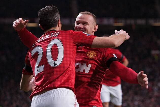 Football - 2012 2013 Premier League - Manchester United vs. West Ham United Robin van Persie of Manchester United celebrates his opening goal with Wayne Rooney at Old Trafford 