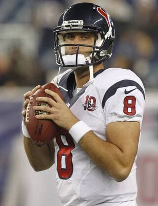 Houston Texans quarterback Matt Schaub (8) warms up before the game against the New England Patriots at Gillette Stadium in Foxborough, Massachusetts on December 10, 2012.  BOS2012121005