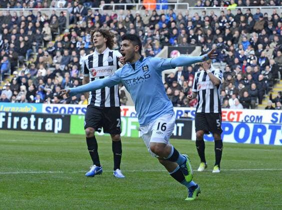 Sergio Auguero of Man City celebrates scoring their first goal - Barclays Premier League - Newcastle Utd vs Manchester City - St. James Park - Newcastle - 15 12 12 - Picture Richard Lee Sportimage EDITORIAL USE ONLY. No use with unauthorised audio, video, data, fixture lists, club league logos or live services. Online in-match use limited to 120 images, no video emulation. No use in betting, games or single club league player publications.