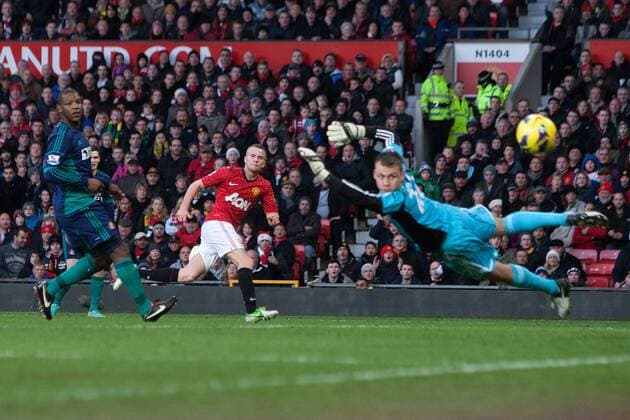 Football - 2012 2013 Premier League - Manchester United vs. AFC Sunderland Tom Cleverley of Manchester United scores his sides second at Old Trafford against Simon Mignolet 