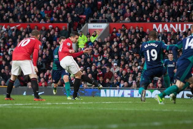 Football - 2012 2013 Premier League - Manchester United vs. AFC Sunderland Robin van Persie of Manchester United opens the scoring at Old Trafford 