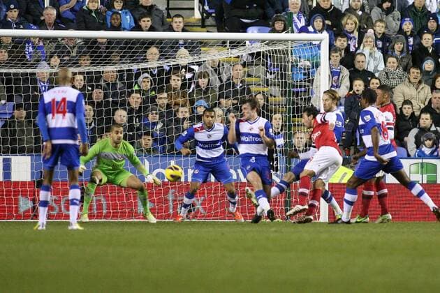 Football - 2012 2013 Premier League - Reading vs Arsenal Santi Cazorla of Arsenal spins and fires in his second and Arsenals third goal at the Madejski Stadium Reading 