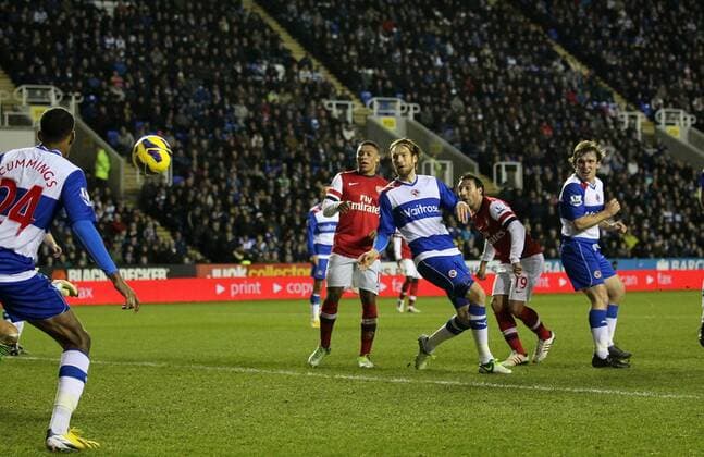 Arsenal s Santi Cazorla scoring his sides third goal Reading v Arsenal - Premier League - Madejski Stadium, Reading- 17 12 12 - Picture David Klein Sportimage EDITORIAL USE ONLY. No use with unauthorised audio, video, data, fixture lists, club league logos or live services. Online in-match use limited to 120 images, no video emulation. No use in betting, games or single club league player publications.