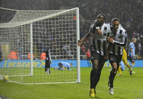 Newcastle United s Shola Ameobi celebrates scoring their first goal - Barclays Premier League - Newcastle United vs QPR Queens Park Rangers (QPR) - St. James Park - Newcastle United - 22 12 12 - Picture Richard Lee Sportimage EDITORIAL USE ONLY. No use with unauthorised audio, video, data, fixture lists, club league logos or live services. Online in-match use limited to 120 images, no video emulation. No use in betting, games or single club league player publications.