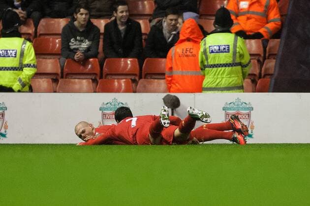 Football - 2012 2013 Premier League - Liverpool FC vs. Fulham FC - Martin Skrtel of Liverpool FC celebrates his opening goal at Anfield 