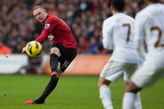 Football - 2012 2013 Premier League - Swansea vs. Manchester United Wayne Rooney of Manchester United curls in a free kick at the Liberty Stadium 