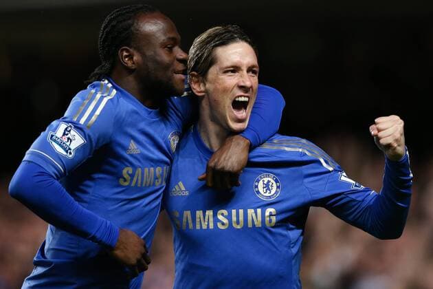 Football - 2012 2013 Premier League - Chelsea vs. Aston Villa Chelsea s Fernando Torres celebrates scoring with Chelsea s Victor Moses at Stamford Bridge, London 