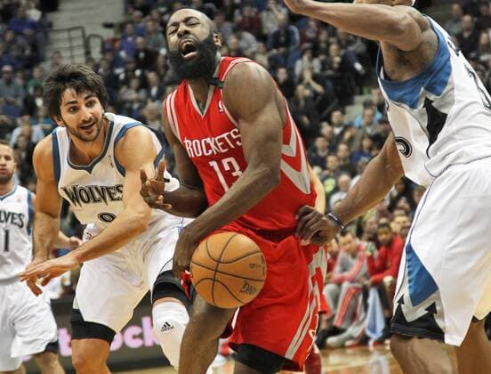Dec. 26, 2012 - Minneapolis, MN, USA - Houston Rockets James Harden drives to the basket against the Minnesota Timberwolves during an NBA Basketball Herren USA game at Target Center on Wednesday, December 26, 2012, in Minneapolis, Minnesota. Timberwolves vs. Rockets - ZUMAm67