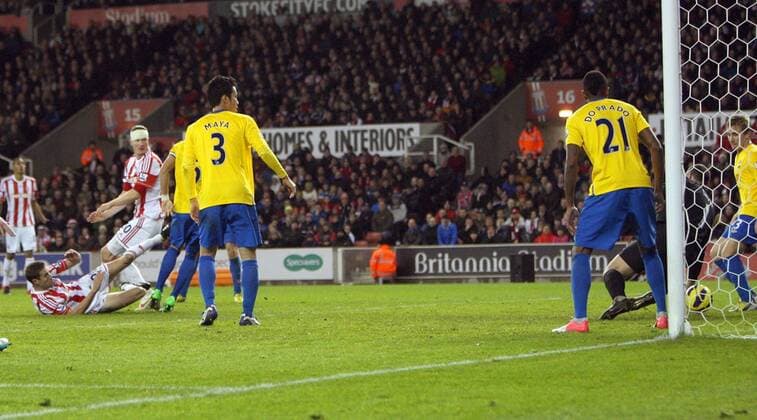Matthew Upson (Floor) scores the 2nd goal for Stoke- Barclays Premier League - Stoke City vs Southampton - Britannia Stadium - Stoke on Trent - 29th December 2012 - Credit Paul Bradbury Sportimage EDITORIAL USE ONLY. No use with unauthorised audio, video, data, fixture lists, club league logos or live services. Online in-match use limited to 120 images, no video emulation. No use in betting, games or single club league player publications.