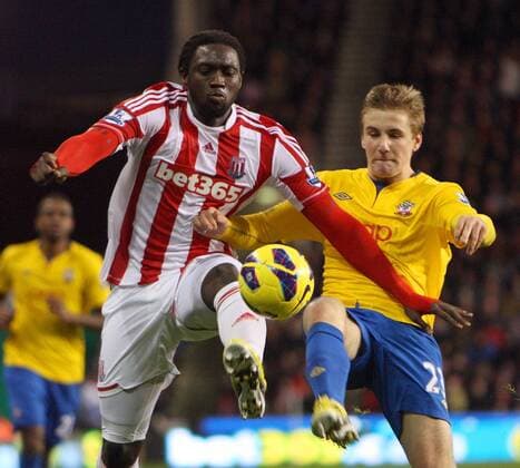 Stoke City s Kenwyene Jones battles with Southampton s Guly Do Prado- Barclays Premier League - Stoke City vs Southampton - Britannia Stadium - Stoke on Trent - 29th December 2012 - Credit Paul Bradbury Sportimage EDITORIAL USE ONLY. No use with unauthorised audio, video, data, fixture lists, club league logos or live services. Online in-match use limited to 120 images, no video emulation. No use in betting, games or single club league player publications.