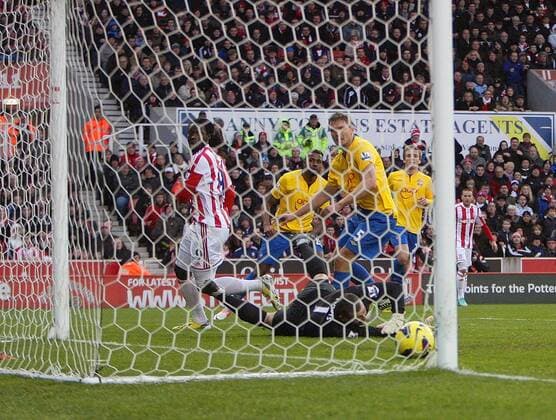 Kenwyene Jones scores the 1st goal past Southampton s Kelvin Davis- Barclays Premier League - Stoke City vs Southampton - Britannia Stadium - Stoke on Trent - 29th December 2012 - Credit Paul Bradbury Sportimage EDITORIAL USE ONLY. No use with unauthorised audio, video, data, fixture lists, club league logos or live services. Online in-match use limited to 120 images, no video emulation. No use in betting, games or single club league player publications.