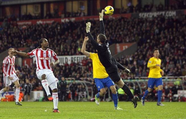 Stoke City s camerome jerome beats Southampton keeper Kelvin davis to the ball but the goal is ruled out for offside- Barclays Premier League - Stoke City vs Southampton - Britannia Stadium - Stoke on Trent - 29th December 2012 - Credit Paul Bradbury Sportimage EDITORIAL USE ONLY. No use with unauthorised audio, video, data, fixture lists, club league logos or live services. Online in-match use limited to 120 images, no video emulation. No use in betting, games or single club league player publications.