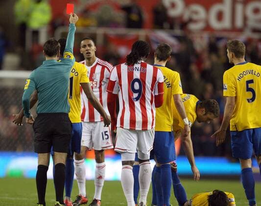 Steven N Zonzi of Stoke receives the red card - Barclays Premier League - Stoke City vs Southampton - Britannia Stadium - Stoke on Trent - 29th December 2012 - Credit Paul Bradbury Sportimage EDITORIAL USE ONLY. No use with unauthorised audio, video, data, fixture lists, club league logos or live services. Online in-match use limited to 120 images, no video emulation. No use in betting, games or single club league player publications.