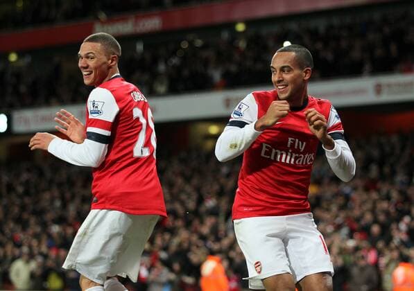 Arsenal s Theo Walcott celebrates scoring his sides seventh goal with Kieran Gibbs..- Arsenal v Newcastle United - Barclays Premier League - the Emirates Stadium, London- 29 12 12 - Picture David Klein Sportimage EDITORIAL USE ONLY. No use with unauthorised audio, video, data, fixture lists, club league logos or live services. Online in-match use limited to 120 images, no video emulation. No use in betting, games or single club league player publications.