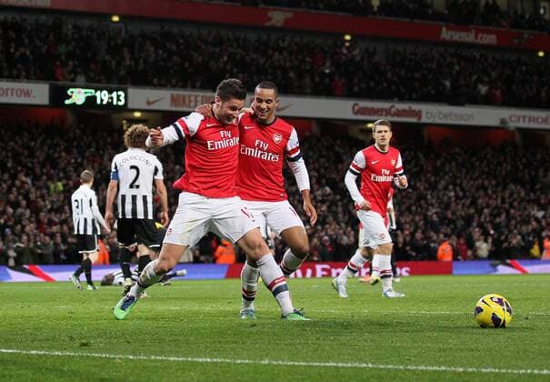 Arsenal s Olivier Giroud celebrates scoring his sides fifth goal with Theo Walcott..- Arsenal v Newcastle United - Barclays Premier League - the Emirates Stadium, London- 29 12 12 - Picture David Klein Sportimage EDITORIAL USE ONLY. No use with unauthorised audio, video, data, fixture lists, club league logos or live services. Online in-match use limited to 120 images, no video emulation. No use in betting, games or single club league player publications.