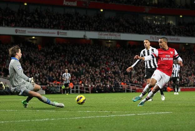 Arsenal s Theo Walcott fires in a shot..- Arsenal v Newcastle United - Barclays Premier League - the Emirates Stadium, London- 29 12 12 - Picture David Klein Sportimage EDITORIAL USE ONLY. No use with unauthorised audio, video, data, fixture lists, club league logos or live services. Online in-match use limited to 120 images, no video emulation. No use in betting, games or single club league player publications.