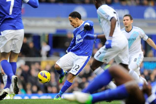 Steven Pienaar of Everton scoring the first goal - Barclays Premier League - Everton vs Chelsea - Goodison Park Stadium - Liverpool - 30 12 12 - Picture Simon Bellis Sportimage EDITORIAL USE ONLY. No use with unauthorised audio, video, data, fixture lists, club league logos or live services. Online in-match use limited to 120 images, no video emulation. No use in betting, games or single club league player publications.