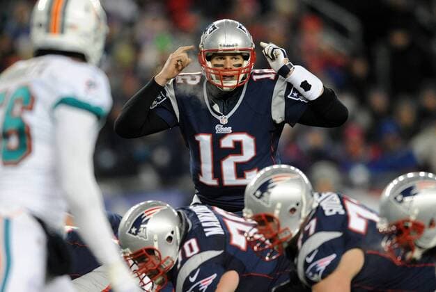 Dec. 30, 2012 - Foxboro, MA, USA - New England Patriots quarterback Tom Brady (12) changes the offense at the line of scrimmage during the game against the Miami Dolphins at Gillette Stadium in Foxboro, Massachusetts, Sunday, December 30, 2012. The Patriots defeated the Dolphins, 28-0. Dolphins v Patriots - ZUMAm67