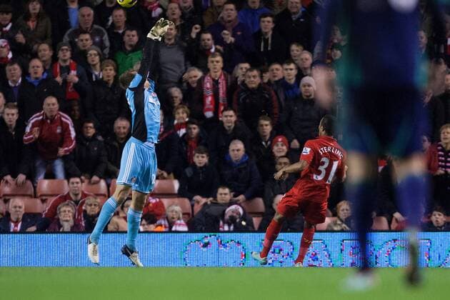 Football - 2012 2013 Premier League - Liverpool vs. Sunderland Raheem Sterling of Liverpool scores the opening goal at Anfield 