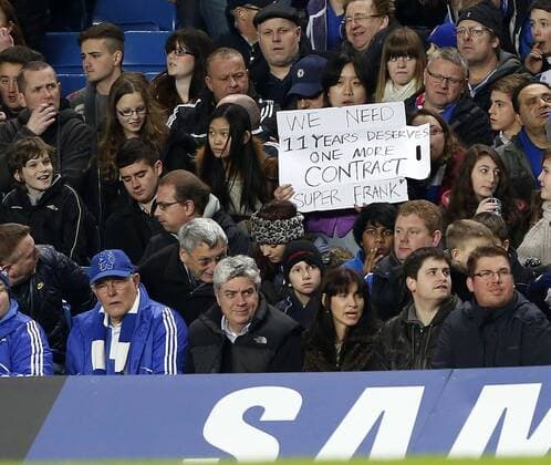 A Chelsea fan shows support for Frank Lampard..- Chelsea FC London - Barclays Premier League - Stamford Bridge, London- 02 01 13 - EDITORIAL USE ONLY. No use with unauthorised audio, video, data, fixture lists, club league logos or live services. Online in-match use limited to 120 images, no video emulation. No use in betting, games or single club league player publications.