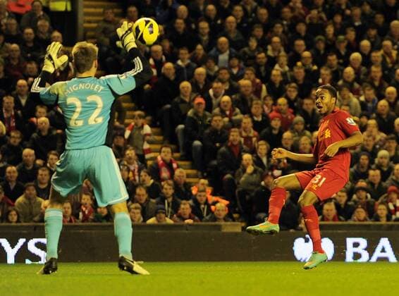 Raheem Sterling of Liverpool scores the first goal - Barclays Premier League - Liverpool vs Sunderland - Anfield Stadium - Liverpool - 02 01 13 - Picture Simon Bellis Sportimage EDITORIAL USE ONLY. No use with unauthorised audio, video, data, fixture lists, club league logos or live services. Online in-match use limited to 120 images, no video emulation. No use in betting, games or single club league player publications.