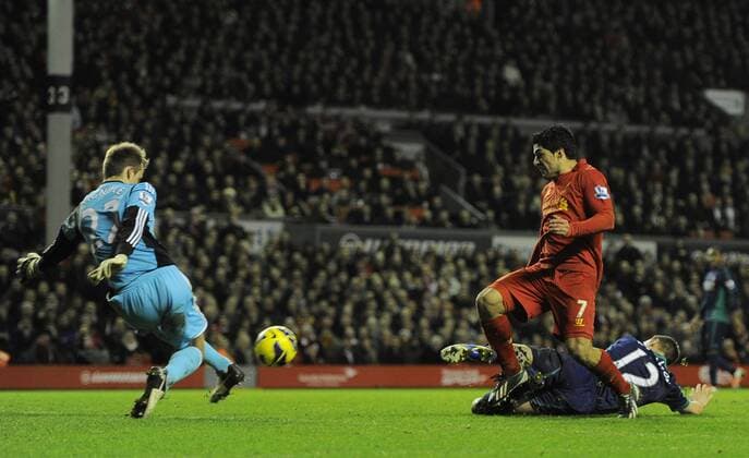 Simon Mignolet of Sunderland saves a shot from Luis Suarez of Liverpool to deny him his hat trick - Barclays Premier League - Liverpool vs Sunderland - Anfield Stadium - Liverpool - 02 01 13 - Picture Simon Bellis Sportimage EDITORIAL USE ONLY. No use with unauthorised audio, video, data, fixture lists, club league logos or live services. Online in-match use limited to 120 images, no video emulation. No use in betting, games or single club league player publications.