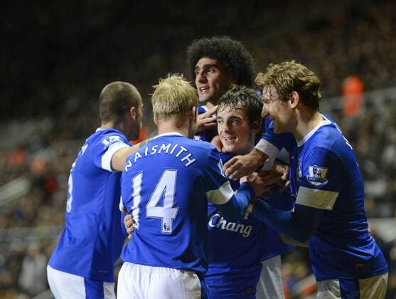 Leighton Baines of Everton (C) celebrates scoring their first goal - Barclays Premier League - Newcastle United vs Everton - St. James Park - Newcastle - 02 01 13 - Picture Richard Lee Sportimage EDITORIAL USE ONLY. No use with unauthorised audio, video, data, fixture lists, club league logos or live services. Online in-match use limited to 120 images, no video emulation. No use in betting, games or single club league player publications.