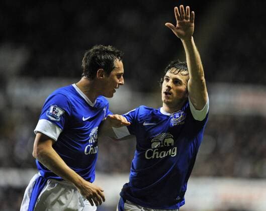 Leighton Baines of Everton (R) celebrates scoring their first goal - Barclays Premier League - Newcastle United vs Everton - St. James Park - Newcastle - 02 01 13 - Picture Richard Lee Sportimage EDITORIAL USE ONLY. No use with unauthorised audio, video, data, fixture lists, club league logos or live services. Online in-match use limited to 120 images, no video emulation. No use in betting, games or single club league player publications.