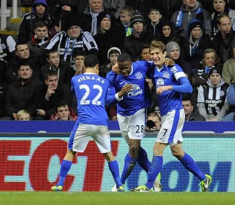 Victor Anichebe of Everton celebrates scoring their second goal - Barclays Premier League - Newcastle United vs Everton - St. James Park - Newcastle - 02 01 13 - Picture Richard Lee Sportimage EDITORIAL USE ONLY. No use with unauthorised audio, video, data, fixture lists, club league logos or live services. Online in-match use limited to 120 images, no video emulation. No use in betting, games or single club league player publications.