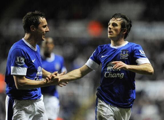 Leighton Baines of Everton (R) celebrates scoring their first goal - Barclays Premier League - Newcastle United vs Everton - St. James Park - Newcastle - 02 01 13 - Picture Richard Lee Sportimage EDITORIAL USE ONLY. No use with unauthorised audio, video, data, fixture lists, club league logos or live services. Online in-match use limited to 120 images, no video emulation. No use in betting, games or single club league player publications.