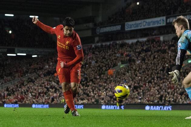 Football - 2012 2013 Premier League - Liverpool vs. Sunderland Luis Suarez of Liverpool scores his second goal at Anfield 