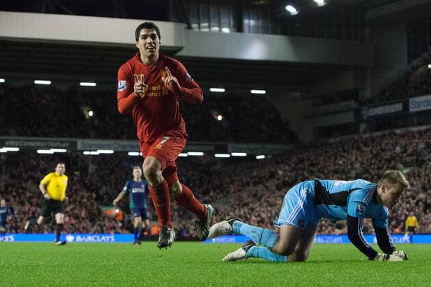Football - 2012 2013 Premier League - Liverpool vs. Sunderland Luis Suarez of Liverpool celebrates scoring his second goal at Anfield 