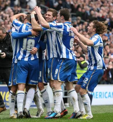 Football - FA Cup 3rd Round - Brighton and Hove Albion vs Newcastle United Brighton s Andrea Orlandi celebrates scoring at The American Express Community Stadium with team mates 