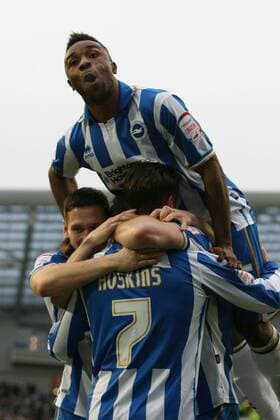 Football - FA Cup 3rd Round - Brighton and Hove Albion vs Newcastle United Brighton s Wil Hoskins gets congratulated by Brighton s Kazenga LuaLua after he scored Brightons second goal at The American Express Community Stadium 