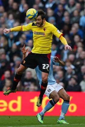 Football - 2012 2013 FA Cup - Third Round: Manchester City vs. Watford FC Watford s Marco Cassetti heads the ball at Etihad Stadium, Manchester 
