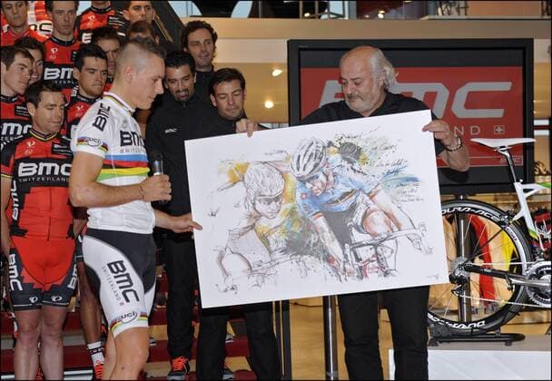 Philippe Gilbert - John Lelangue - Cadel Evans - Andy Rihs CYCLISME : BMC Switzerland - Presentation - Nazareth - 13 01 2013 PhotoXnews 