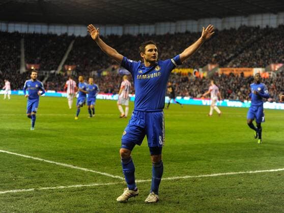 Frank Lampard of Chelsea FC London celebrates scoring the third goal - Barclays Premier League - Stoke City vs Chelsea - Britannia Stadium - Stoke on Trent - 12 01 13 - Picture Simon Bellis Sportimage EDITORIAL USE ONLY. No use with unauthorised audio, video, data, fixture lists, club league logos or live services. Online in-match use limited to 120 images, no video emulation. No use in betting, games or single club league player publications.