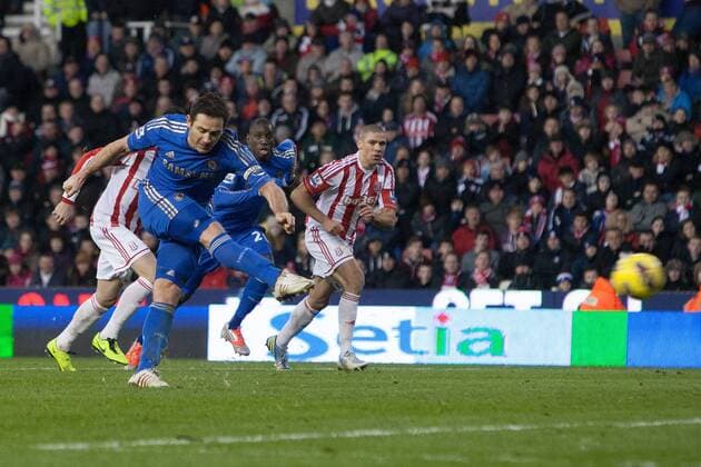 Football - 2012 2013 Premier League - Stoke City vs. Chelsea FC London Frank Lampard of Chelsea FC London scores from the penalty spot at the Britannia Stadium 