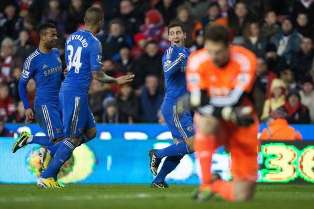 Football - 2012 2013 Premier League - Stoke City vs. Chelsea FC London Eden Hazard of Chelsea FC London celebrates his goal at the Britannia Stadium 