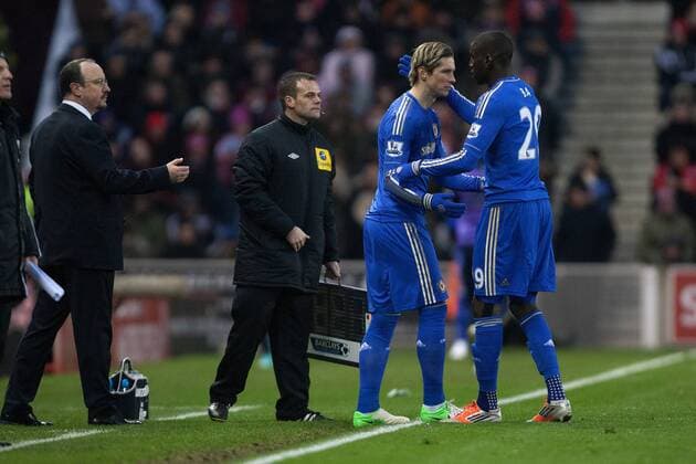 Football - 2012 2013 Premier League - Stoke City vs. Chelsea FC London Demba Ba is substituted for Fernando Torres of Chelsea FC London at the Britannia Stadium 