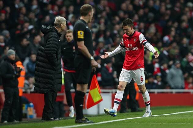 Football - 2012 2013 Premier League - FC Arsenal London vs. Manchester City Arsenal s Laurent Koscielny is sent off for fouling Manchester City s Edin Dzeko in the box at the Emirates Stadium, London 