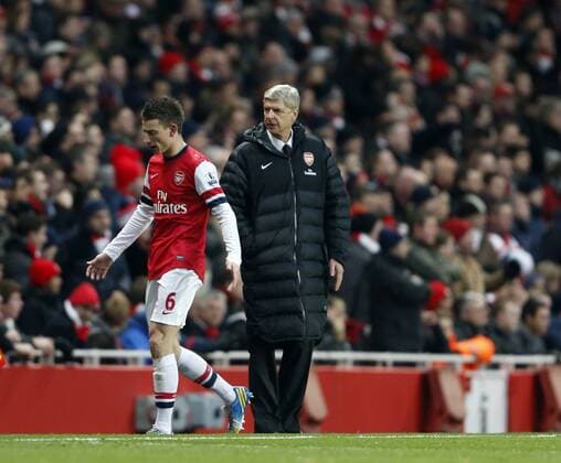 Arsenal s Laurent Koscienly gets sent off as he walks past Arsene Wenger.. FC Arsenal London vs. Manchester City - Barclays Premier League - Emirates Stadium, London- 13 01 13 EDITORIAL USE ONLY. No use with unauthorised audio, video, data, fixture lists, club league logos or live services. Online in-match use limited to 120 images, no video emulation. No use in betting, games or single club league player publications.